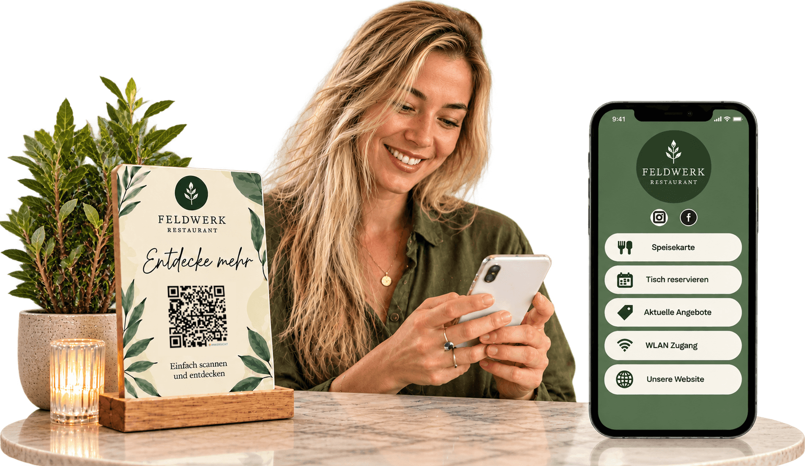 Restaurant-App mit QR-Menü am Marmortisch ohne HG